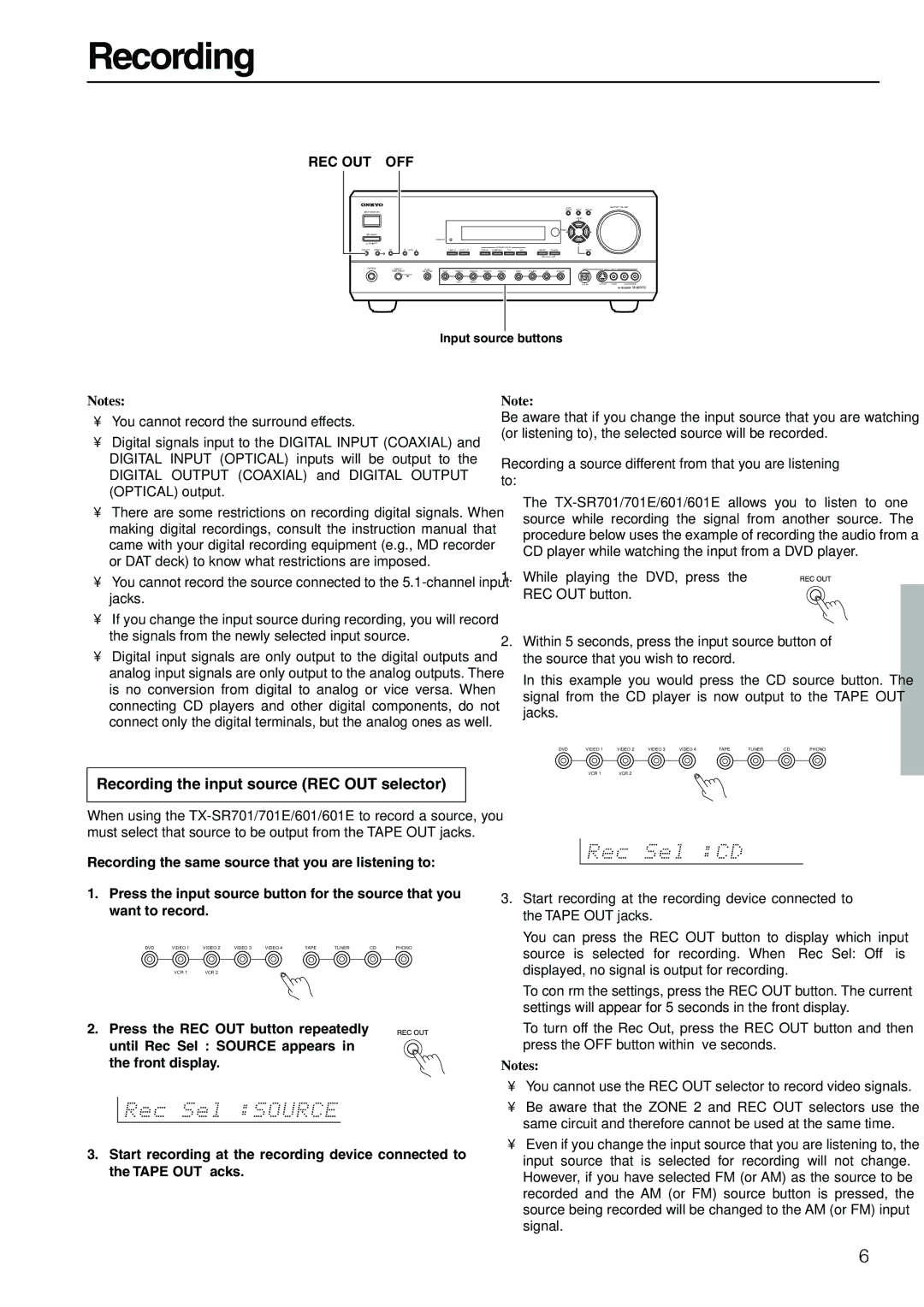 Onkyo TX-SR701E, TX-SR601E instruction manual Recording the input source REC OUT selector, Rec Out Off 