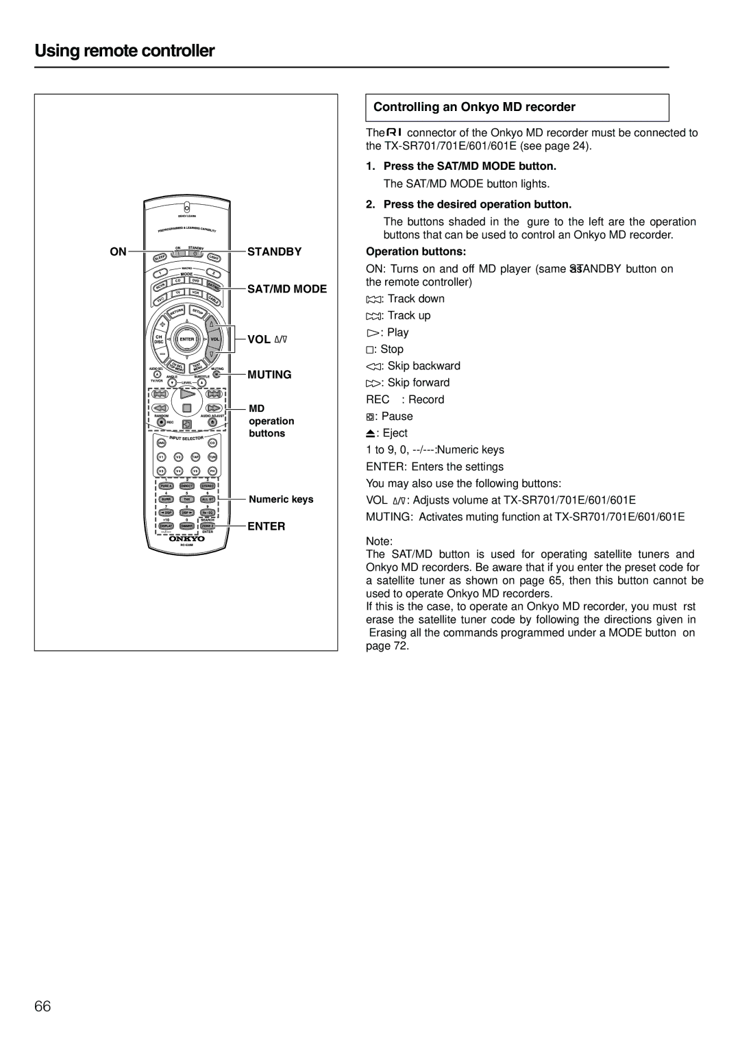 Onkyo TX-SR601E, TX-SR701E Controlling an Onkyo MD recorder, Press the SAT/MD Mode button, REC Record 