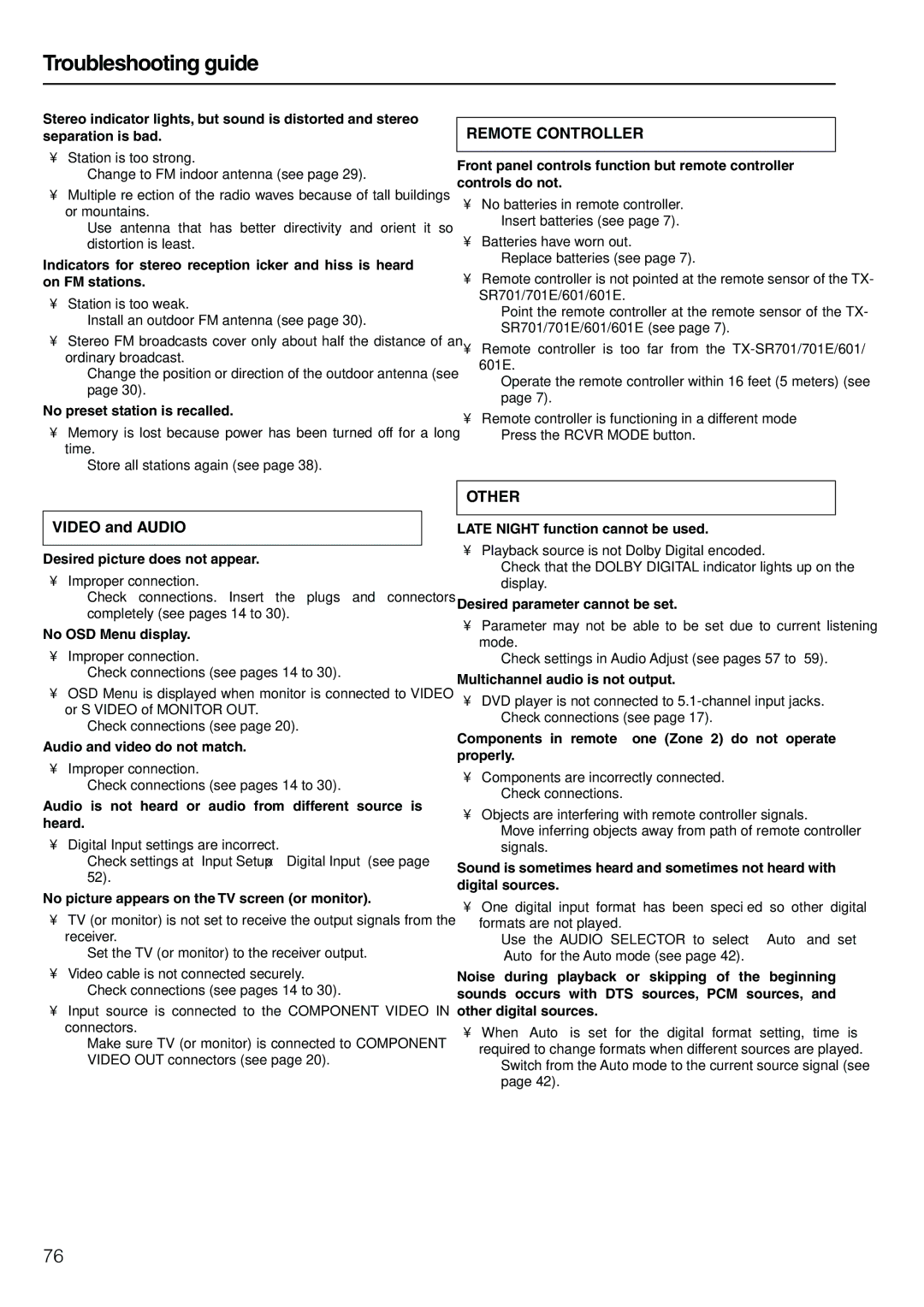 Onkyo TX-SR701E, TX-SR601E instruction manual Troubleshooting guide, Video and Audio 