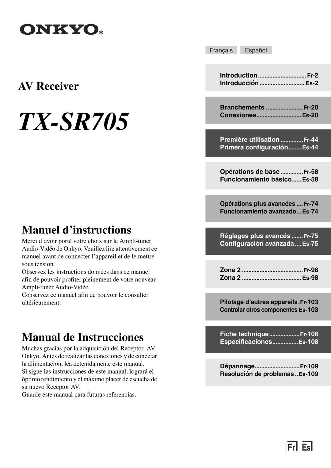 Onkyo TX-SR705 manual Fr-58, Es-58, Zone Fr-98 Zona Es-98 
