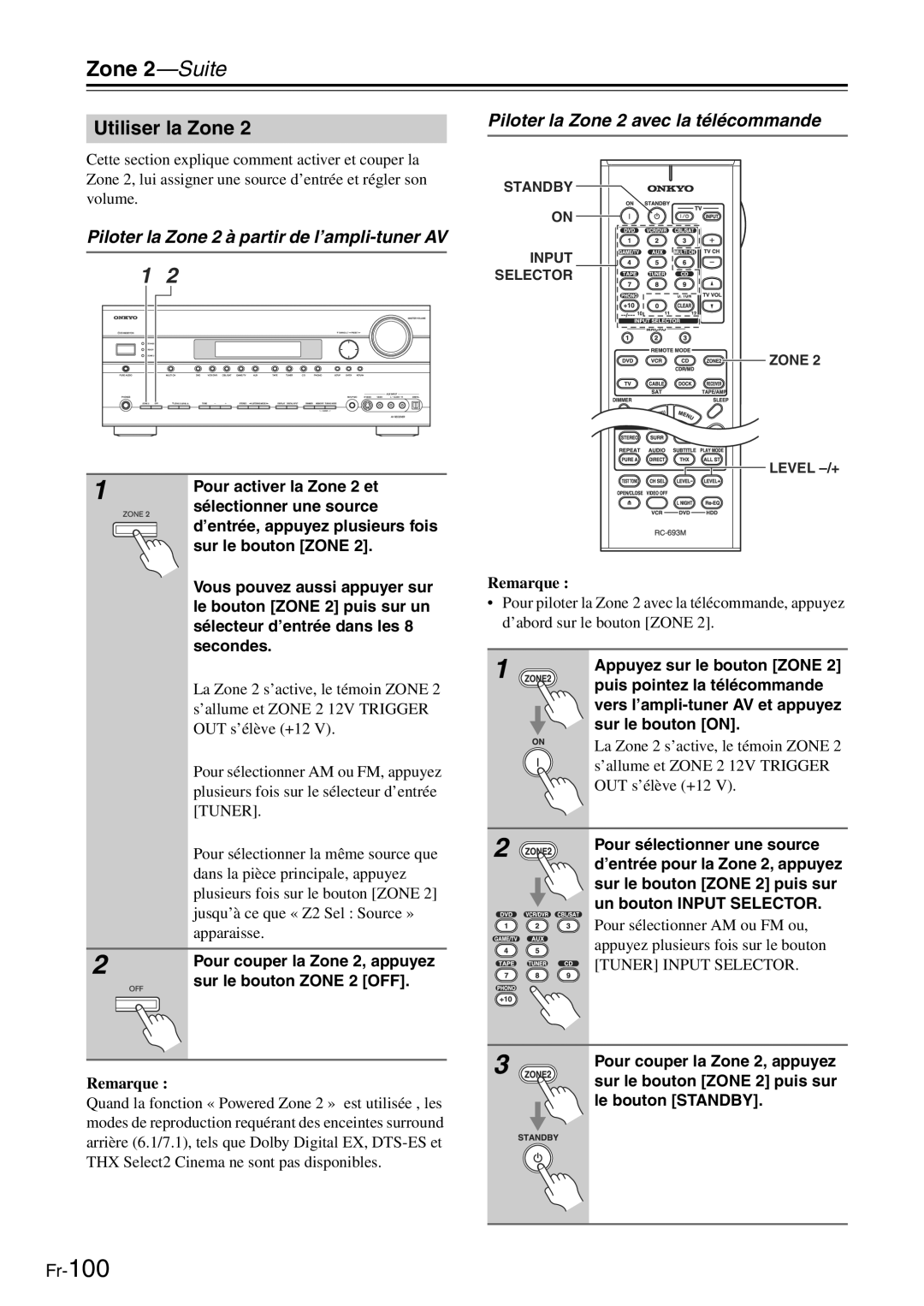 Onkyo TX-SR705 Utiliser la Zone, Piloter la Zone 2 à partir de l’ampli-tuner AV, Piloter la Zone 2 avec la télécommande 