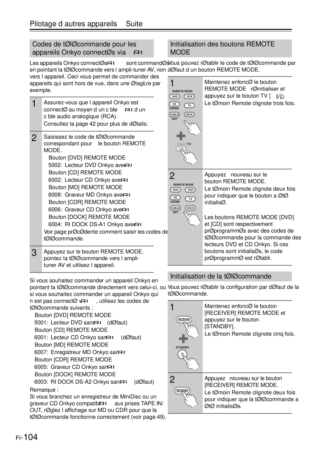 Onkyo TX-SR705 Pilotage d’autres appareils-Suite, Initialisation des boutons Remote Mode, Appuyez à nouveau sur le bouton 