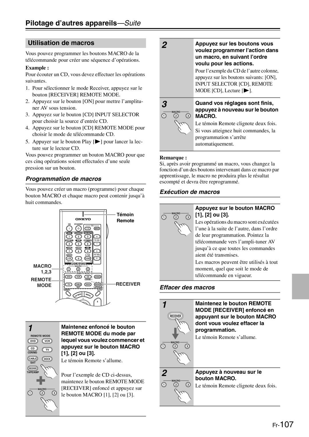 Onkyo TX-SR705 manual Utilisation de macros, Programmation de macros, Exécution de macros, Effacer des macros 