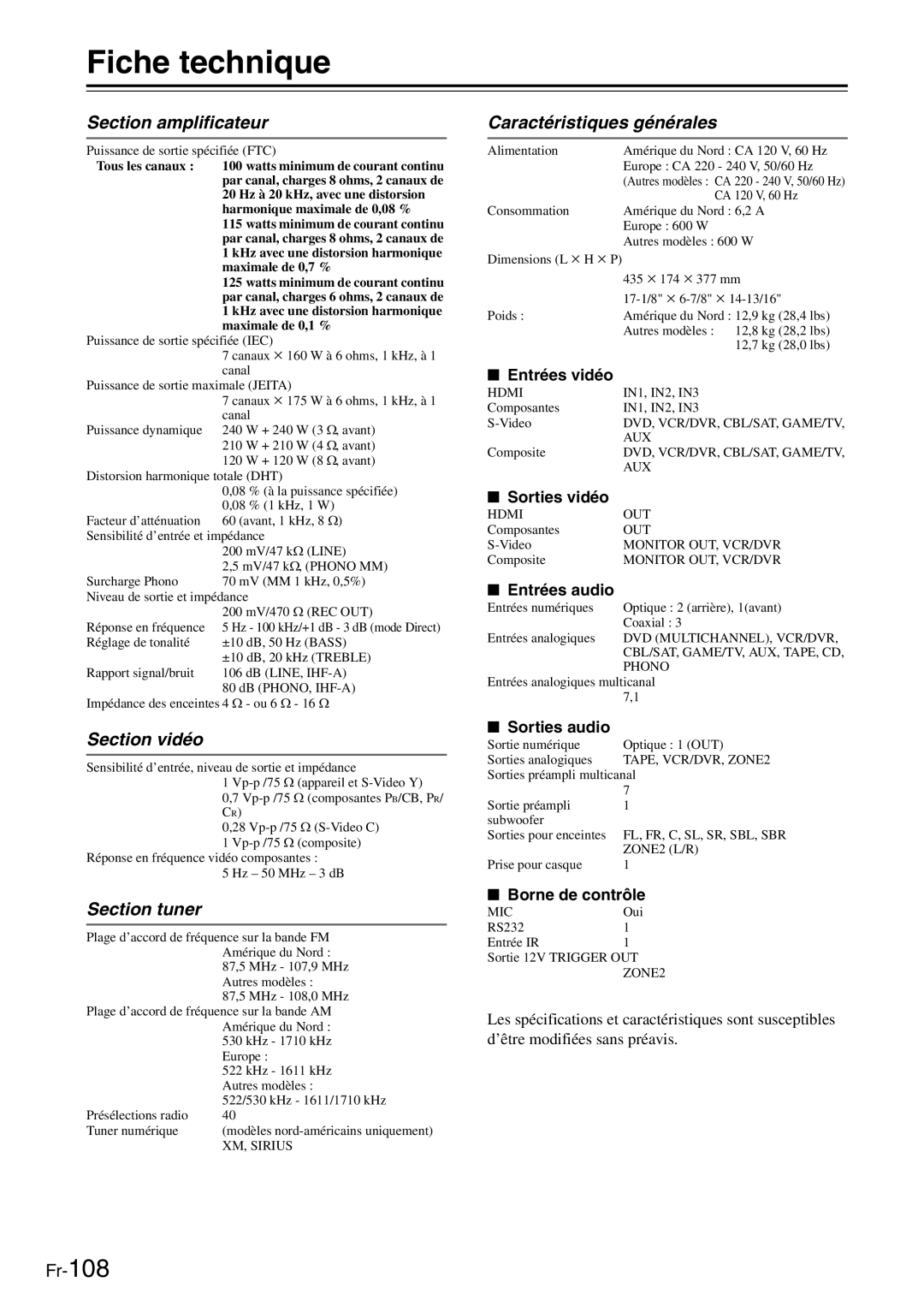 Onkyo TX-SR705 manual Fiche technique, Section amplificateur, Section vidéo, Section tuner, Caractéristiques générales 