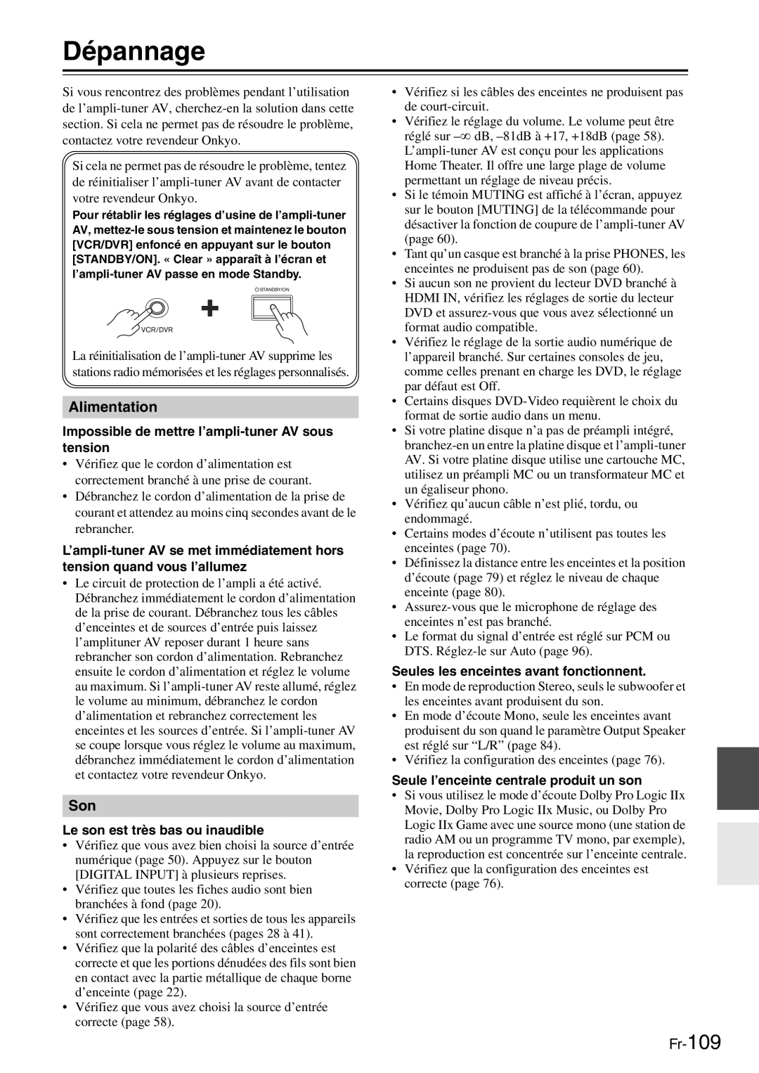 Onkyo TX-SR705 manual Dépannage, Impossible de mettre l’ampli-tuner AV sous tension, Le son est très bas ou inaudible 