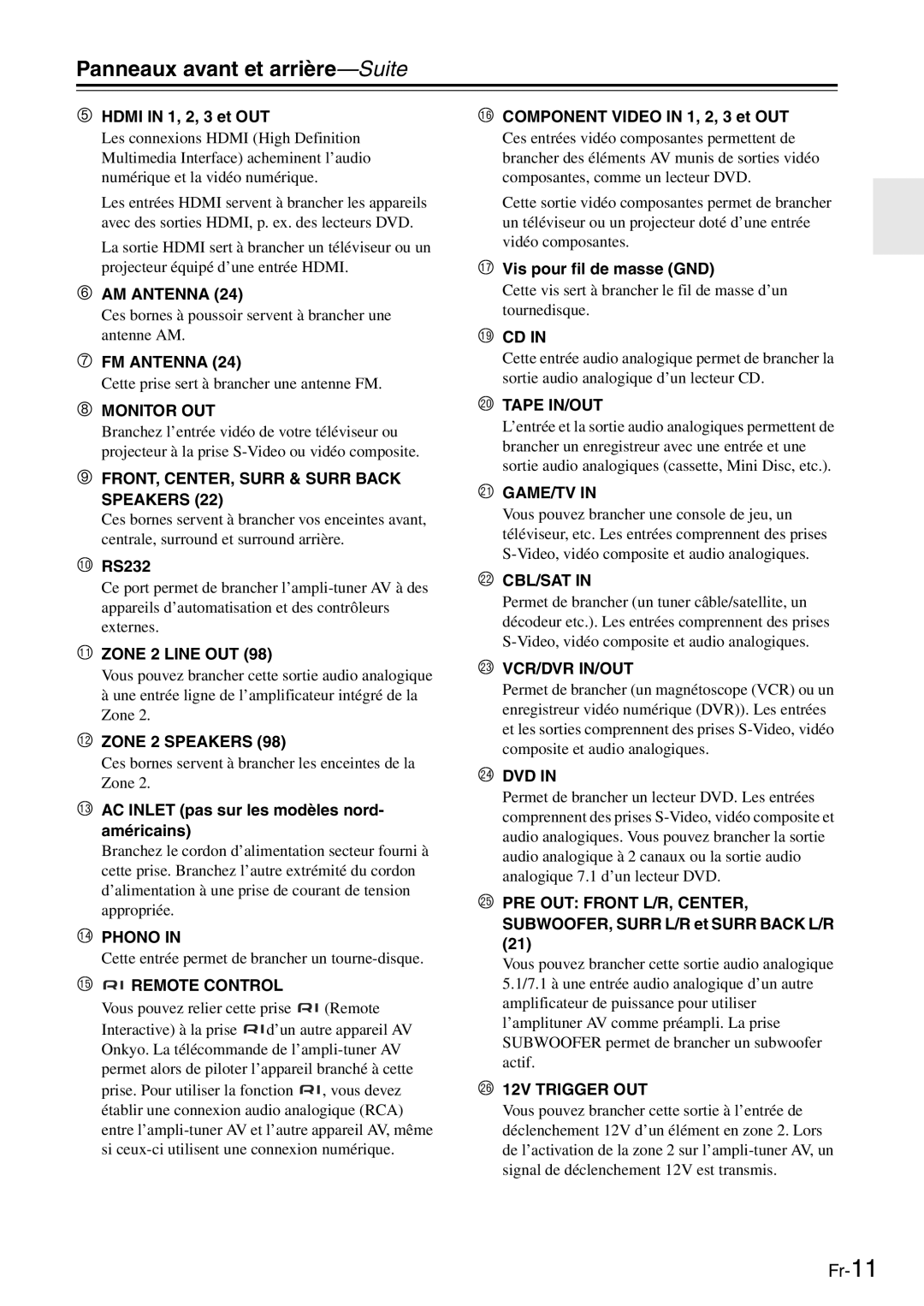 Onkyo TX-SR705 manual  Hdmi in 1, 2, 3 et OUT, RS232, Zone 2 Line OUT, AC Inlet pas sur les modèles nord- américains 