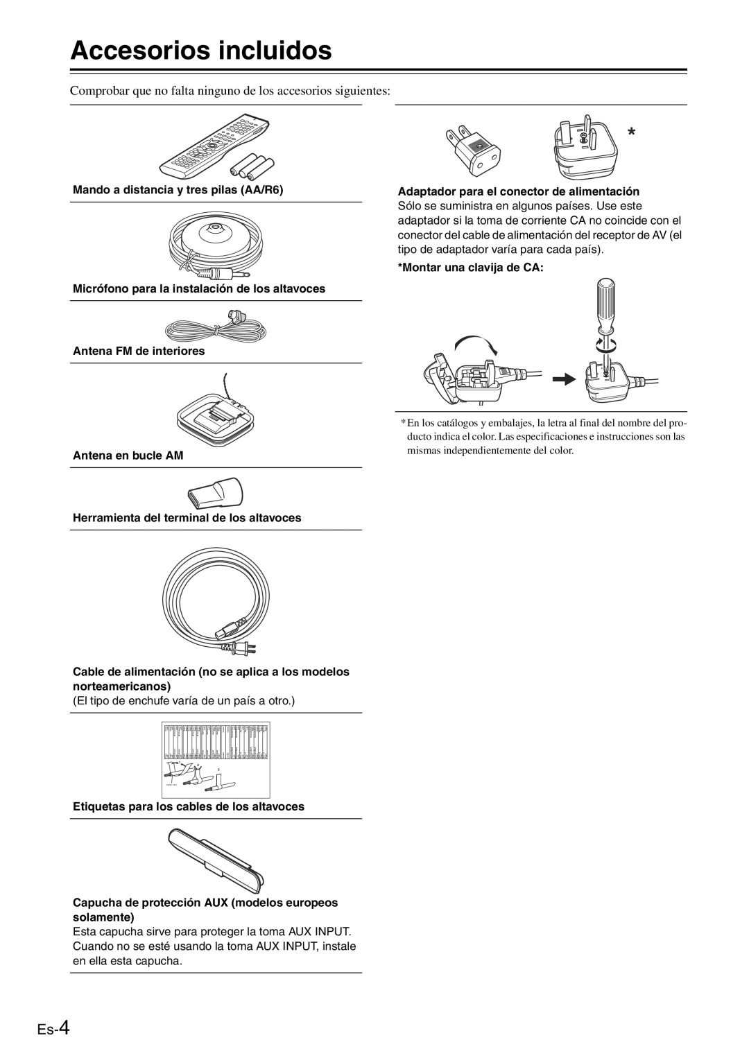 Onkyo TX-SR705 manual Accesorios incluidos, Comprobar que no falta ninguno de los accesorios siguientes 