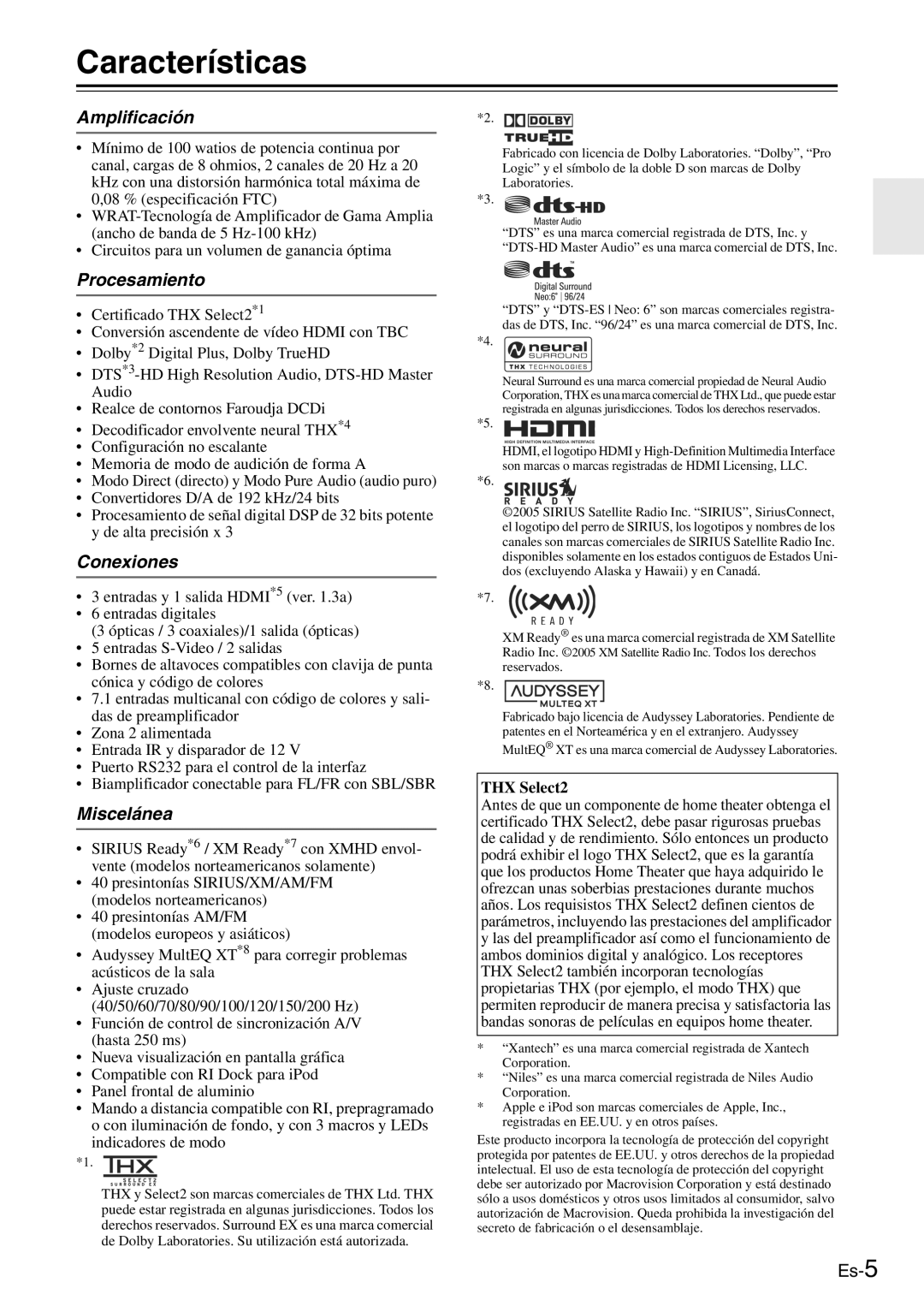 Onkyo TX-SR705 manual Características, Amplificación, Procesamiento, Conexiones, Miscelánea 