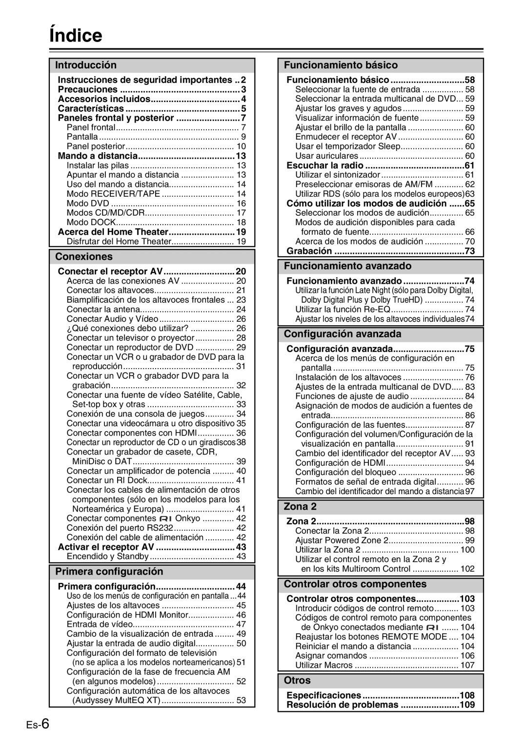 Onkyo TX-SR705 manual Índice 