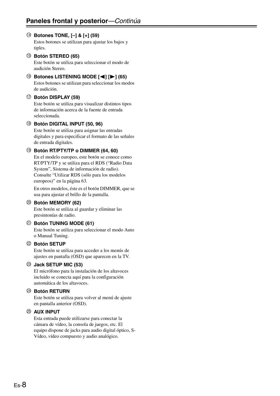 Onkyo TX-SR705 manual Paneles frontal y posterior-Continúa 