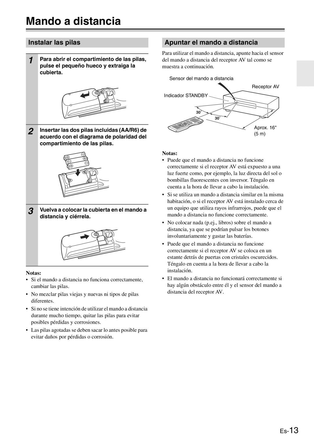 Onkyo TX-SR705 manual Mando a distancia, Instalar las pilas, Apuntar el mando a distancia, Notas 