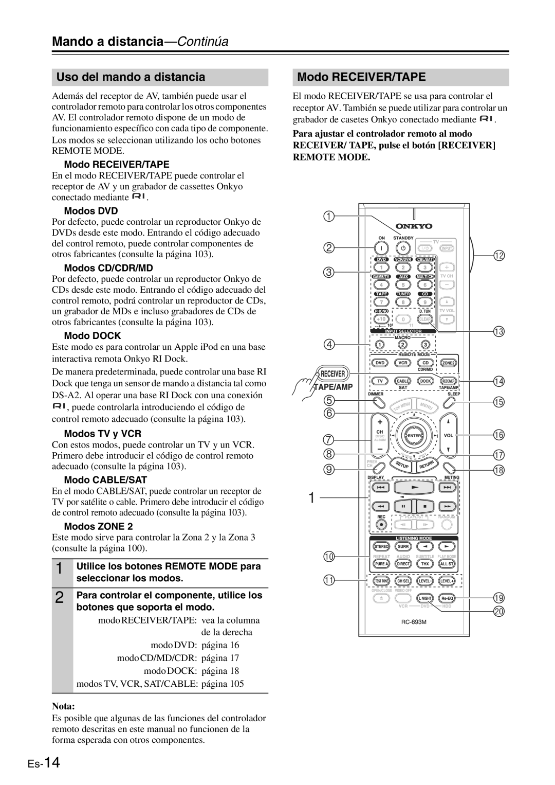 Onkyo TX-SR705 manual Mando a distancia-Continúa, Uso del mando a distancia, Modo RECEIVER/TAPE 