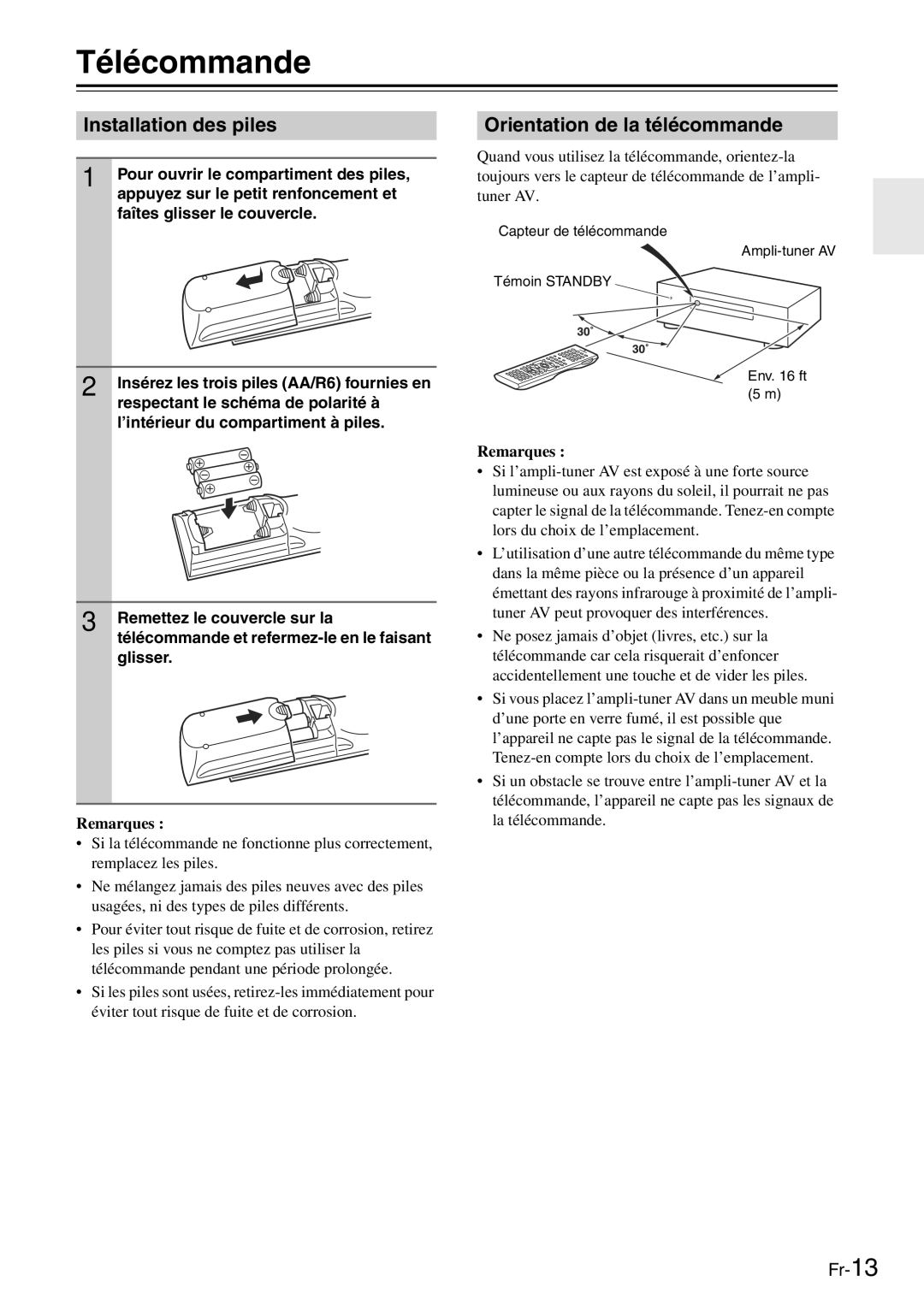 Onkyo TX-SR705 manual Télécommande, Installation des piles, Orientation de la télécommande, Remarques 