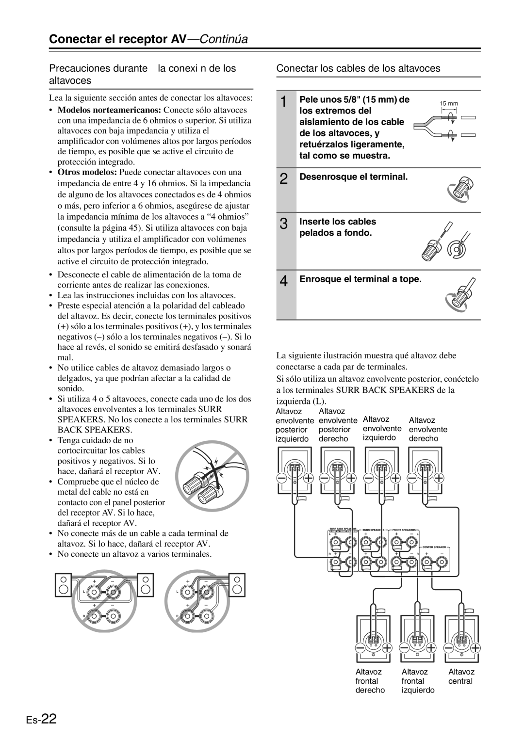 Onkyo TX-SR705 manual Precauciones durante la conexión de los altavoces, Conectar los cables de los altavoces 