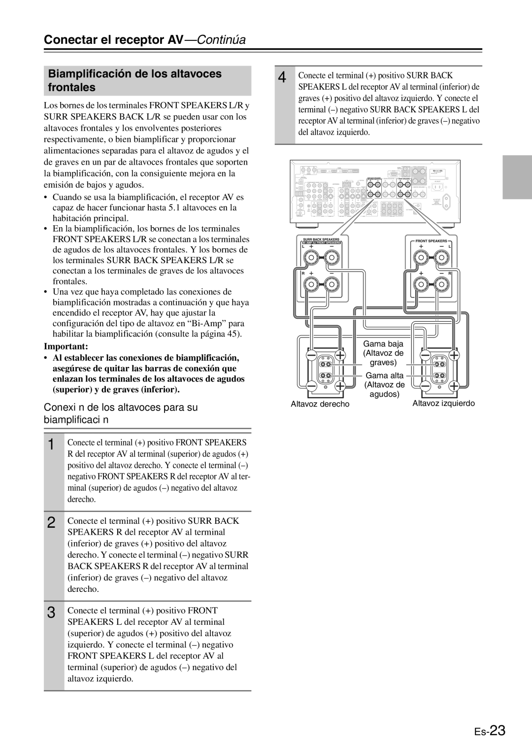 Onkyo TX-SR705 manual Biamplificación de los altavoces frontales, Conexión de los altavoces para su biamplificación 