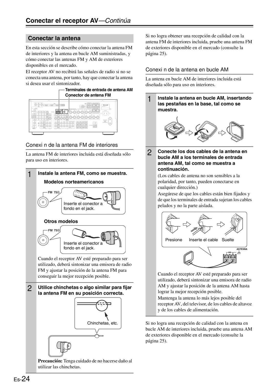 Onkyo TX-SR705 manual Conectar la antena, Conexión de la antena FM de interiores, Conexión de la antena en bucle AM 