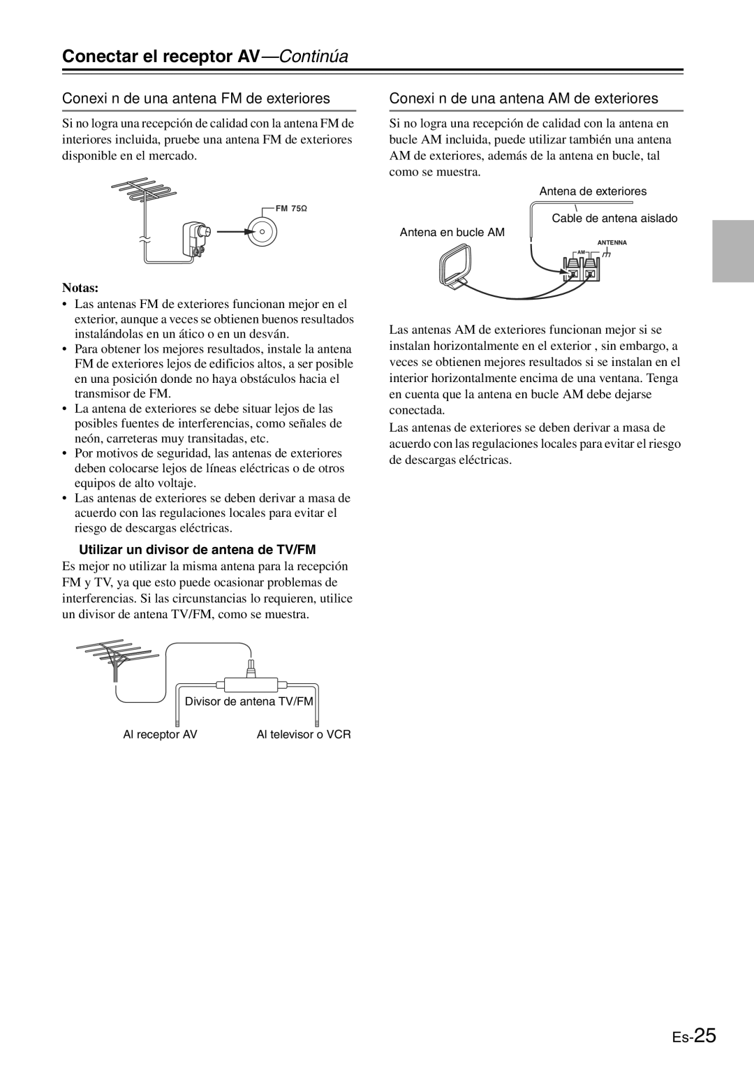 Onkyo TX-SR705 manual Conexión de una antena FM de exteriores, Conexión de una antena AM de exteriores 