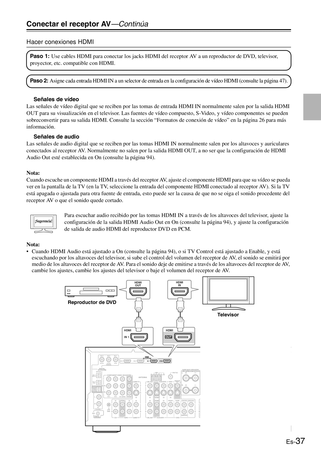 Onkyo TX-SR705 manual Hacer conexiones Hdmi, Señales de vídeo, Señales de audio, Reproductor de DVD Televisor 