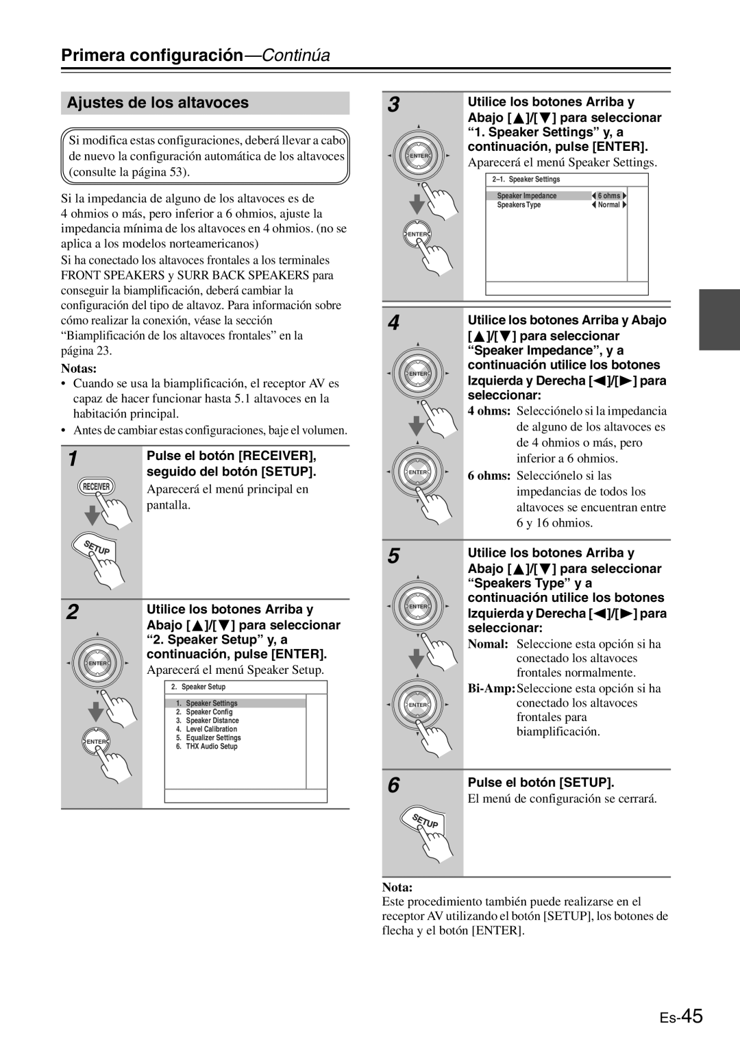 Onkyo TX-SR705 manual Primera configuración-Continúa, Ajustes de los altavoces 