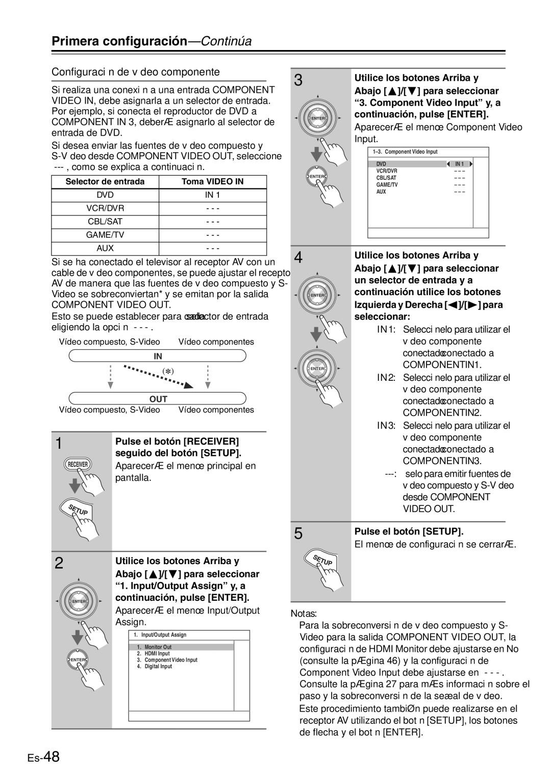 Onkyo TX-SR705 manual Configuración de vídeo componente 