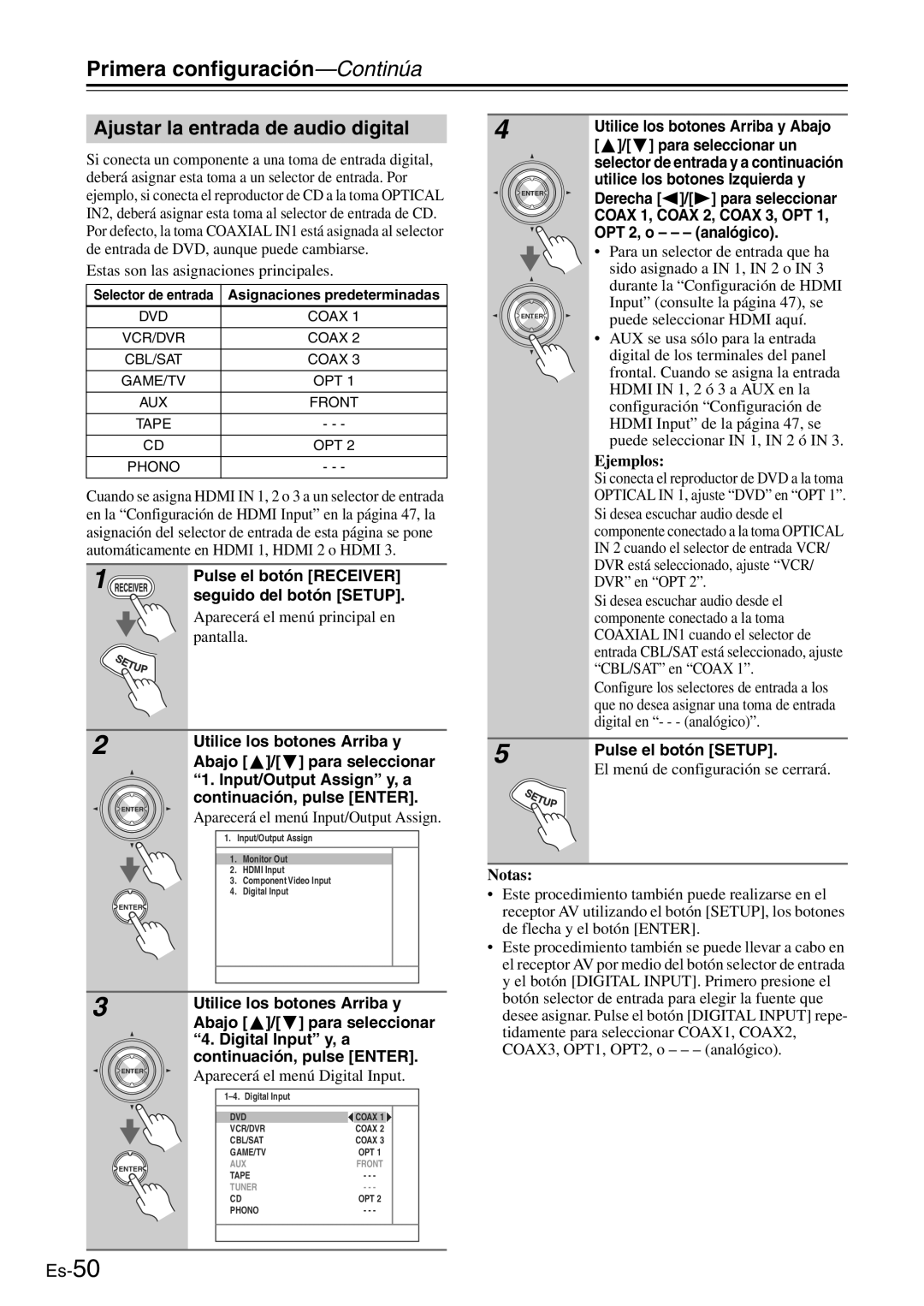 Onkyo TX-SR705 manual Ajustar la entrada de audio digital, OPT 2, o - analógico, Ejemplos 