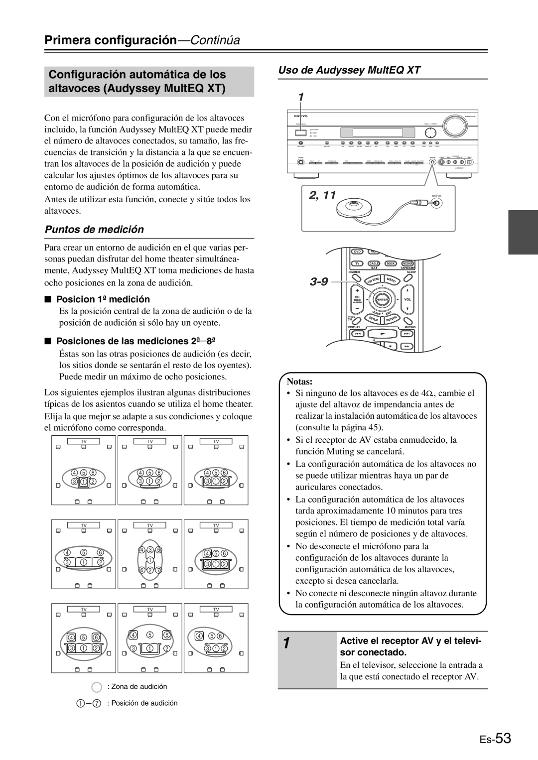 Onkyo TX-SR705 Puntos de medición, Uso de Audyssey MultEQ XT, Posicion 1ª medición, Posiciones de las mediciones 2ª8ª 