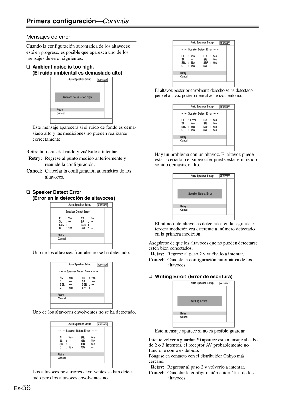 Onkyo TX-SR705 manual Mensajes de error, Speaker Detect Error Error en la detección de altavoces 