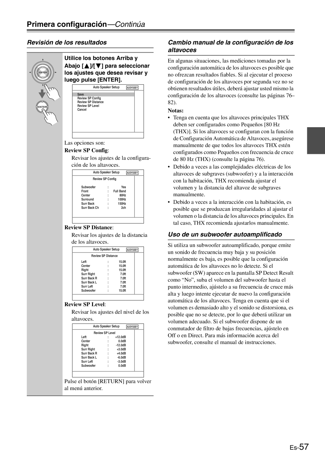 Onkyo TX-SR705 Revisión de los resultados, Cambio manual de la configuración de los altavoces 