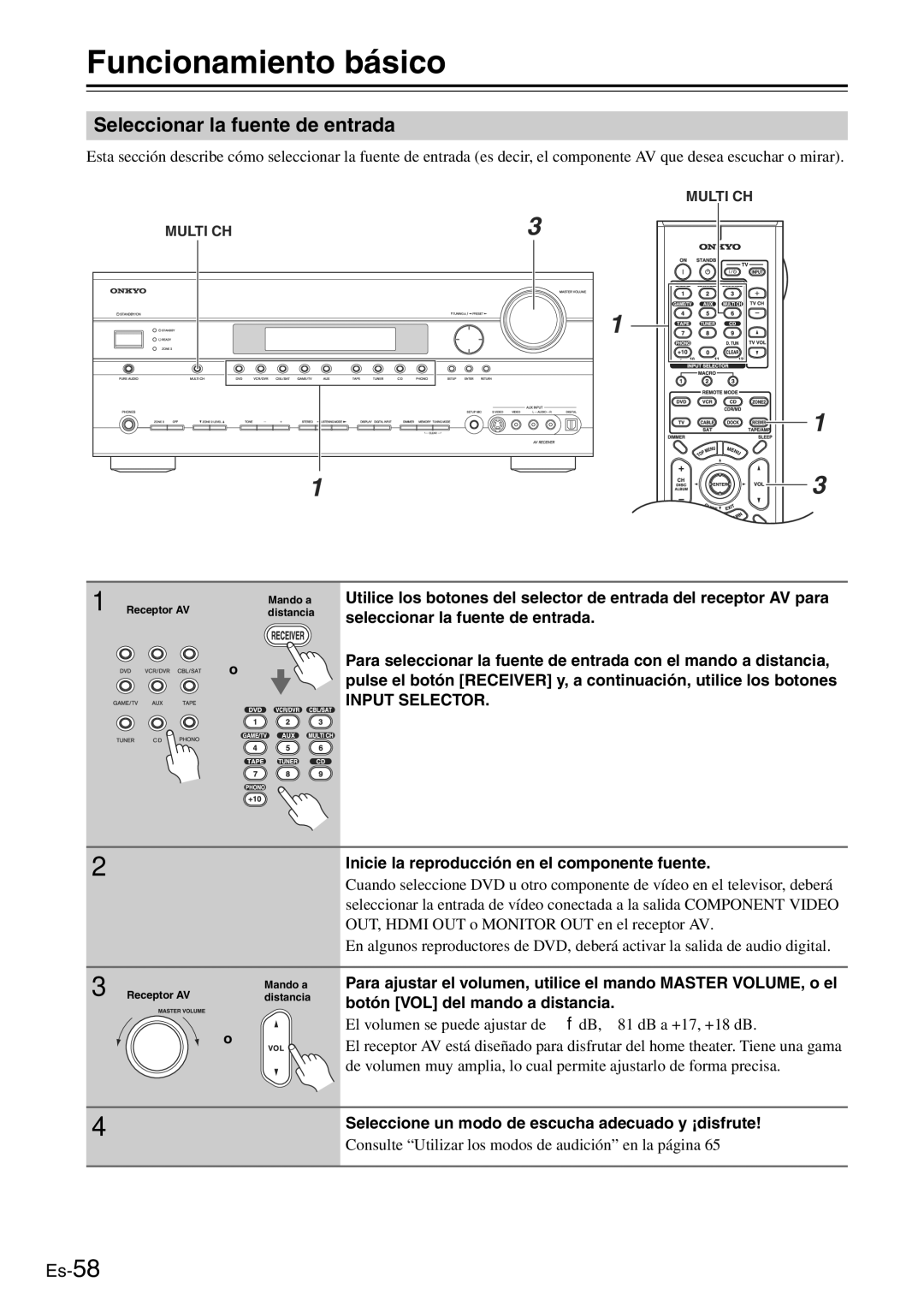 Onkyo TX-SR705 Funcionamiento básico, Seleccionar la fuente de entrada, Inicie la reproducción en el componente fuente 