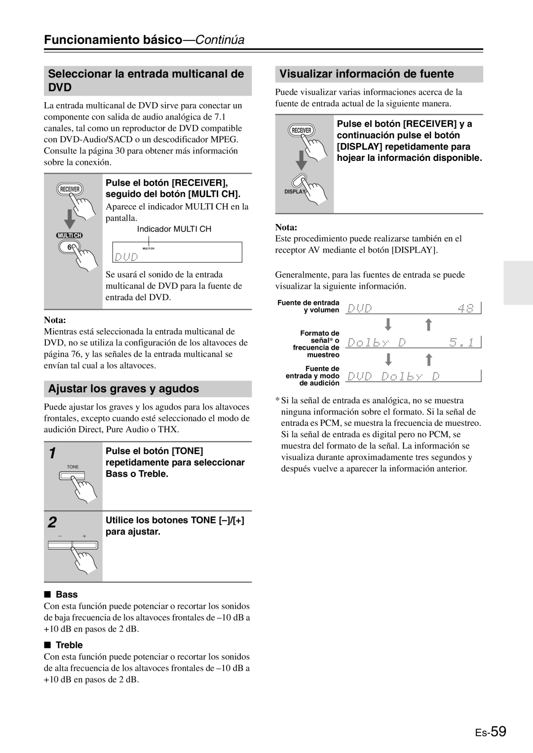 Onkyo TX-SR705 manual Funcionamiento básico-Continúa, Seleccionar la entrada multicanal de, Ajustar los graves y agudos 