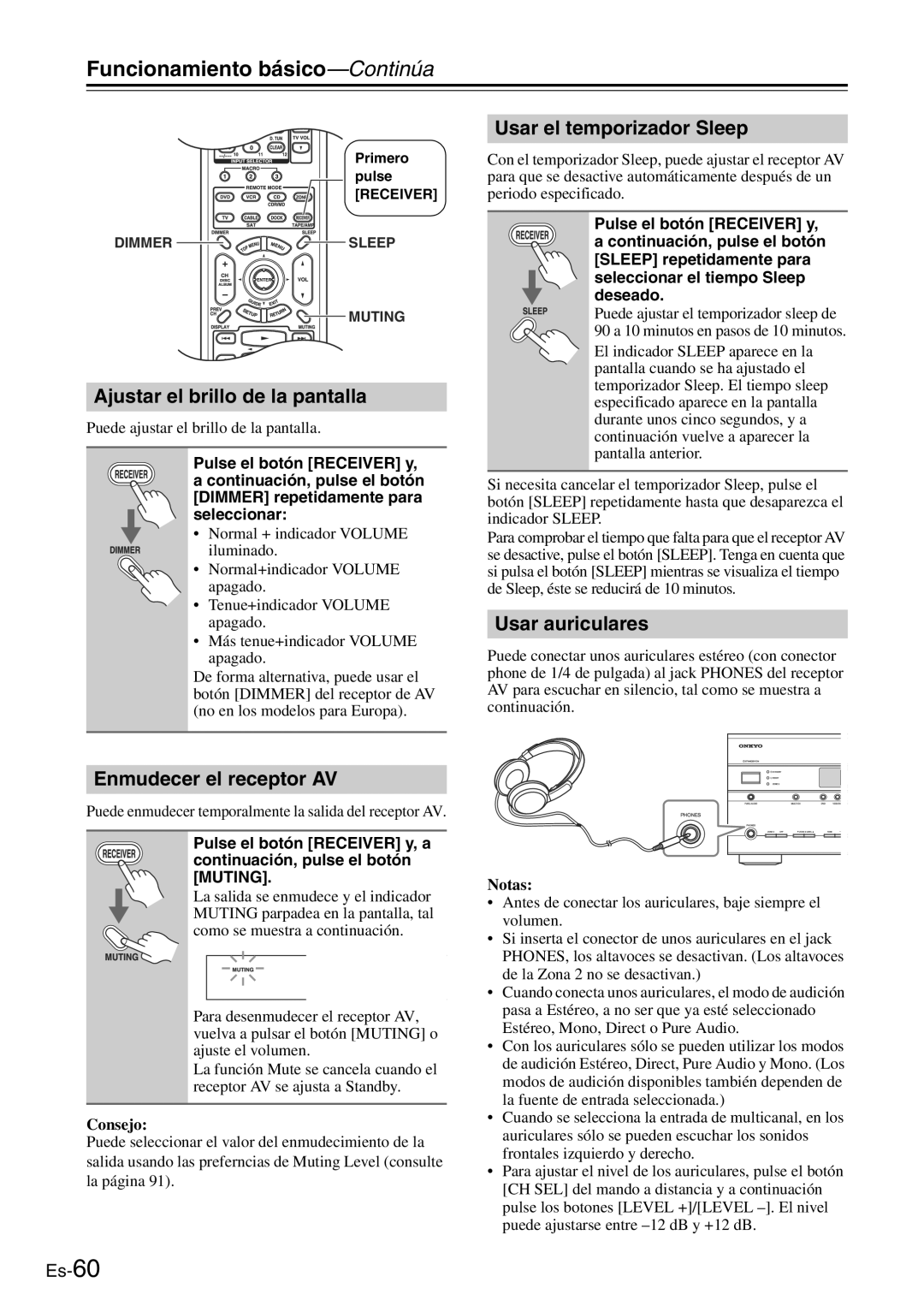 Onkyo TX-SR705 Ajustar el brillo de la pantalla, Usar el temporizador Sleep, Usar auriculares, Enmudecer el receptor AV 