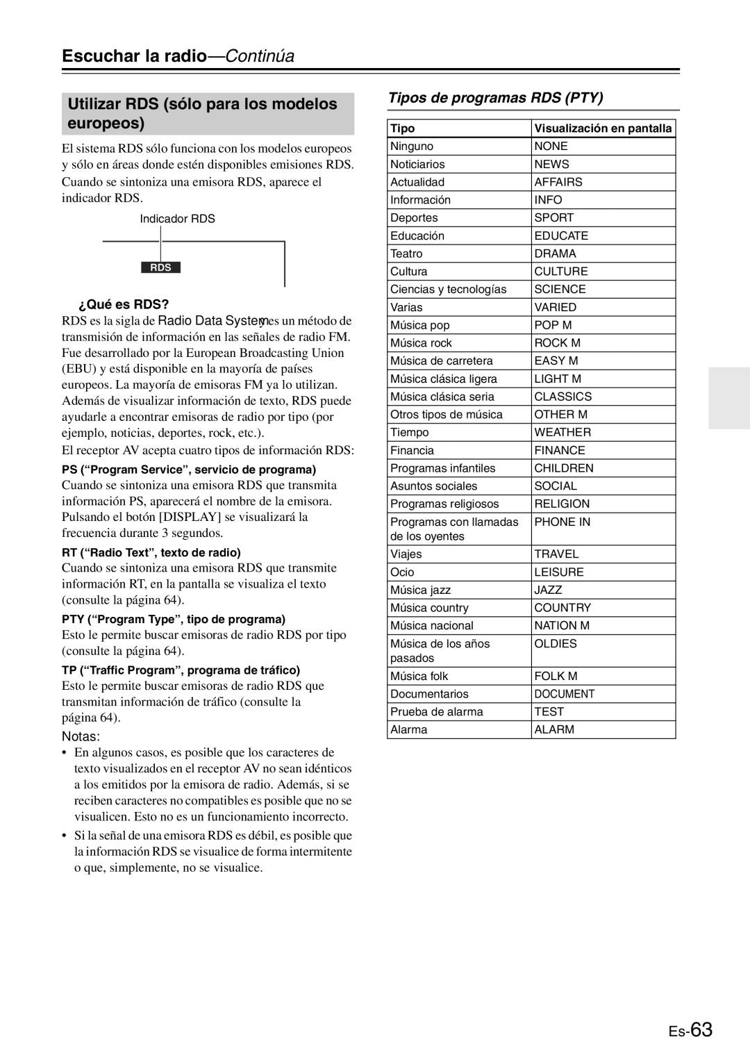 Onkyo TX-SR705 manual Utilizar RDS sólo para los modelos europeos, Tipos de programas RDS PTY, ¿Qué es RDS? 