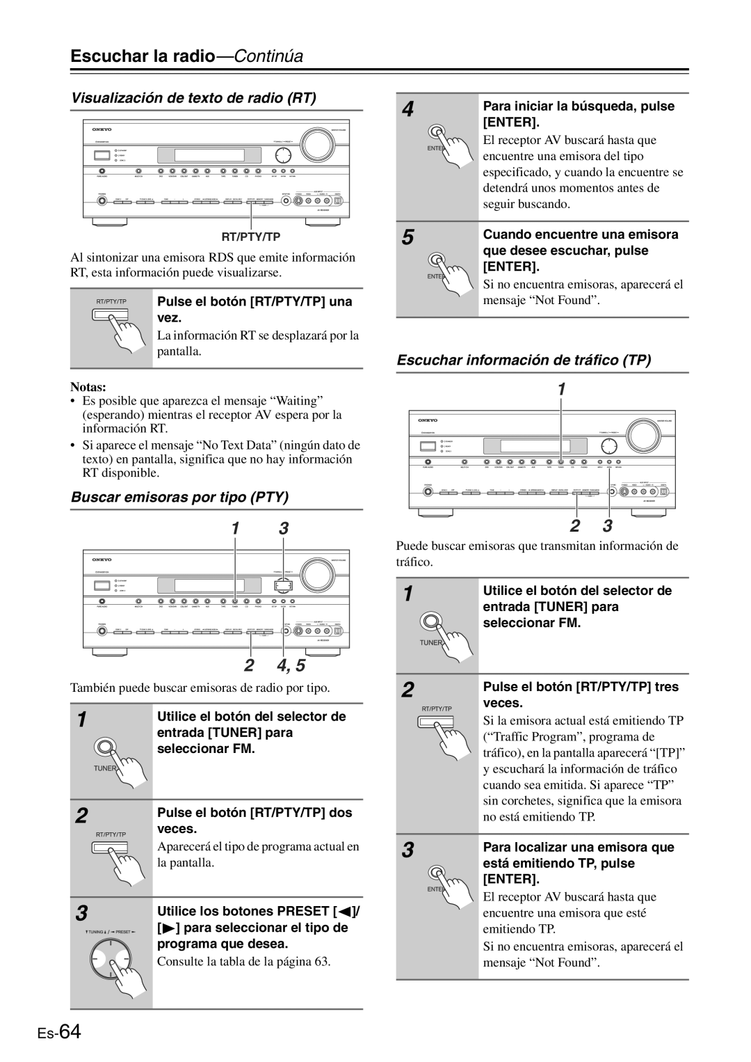 Onkyo TX-SR705 manual Visualización de texto de radio RT, Buscar emisoras por tipo PTY, Escuchar información de tráfico TP 