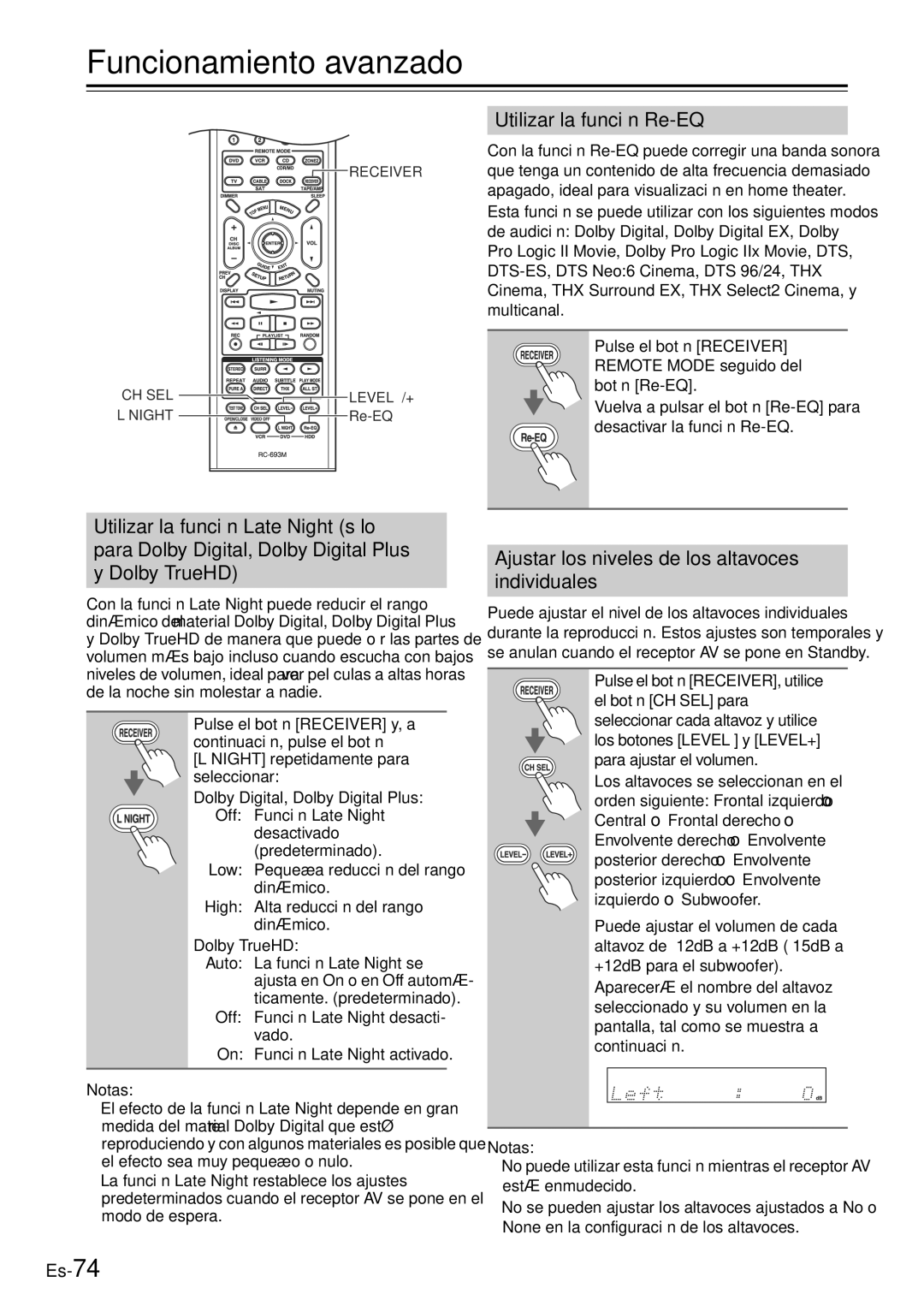 Onkyo TX-SR705 manual Funcionamiento avanzado, Utilizar la función Re-EQ, Ajustar los niveles de los altavoces individuales 