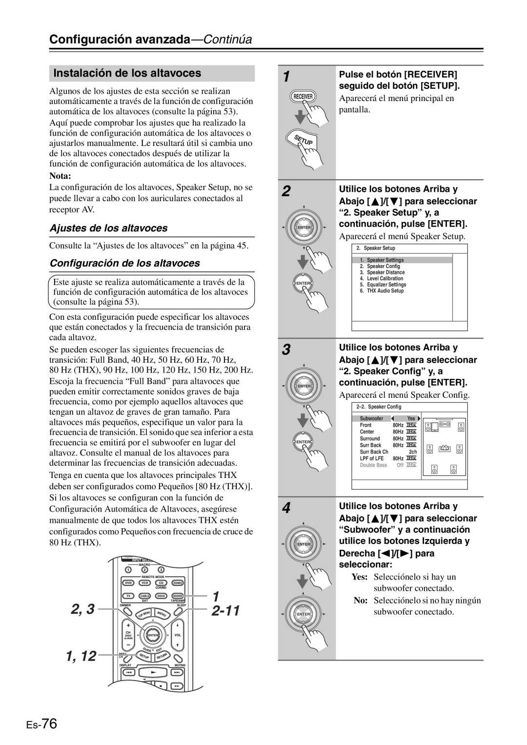 Onkyo TX-SR705 manual Configuración avanzada-Continúa, Instalación de los altavoces, Ajustes de los altavoces 