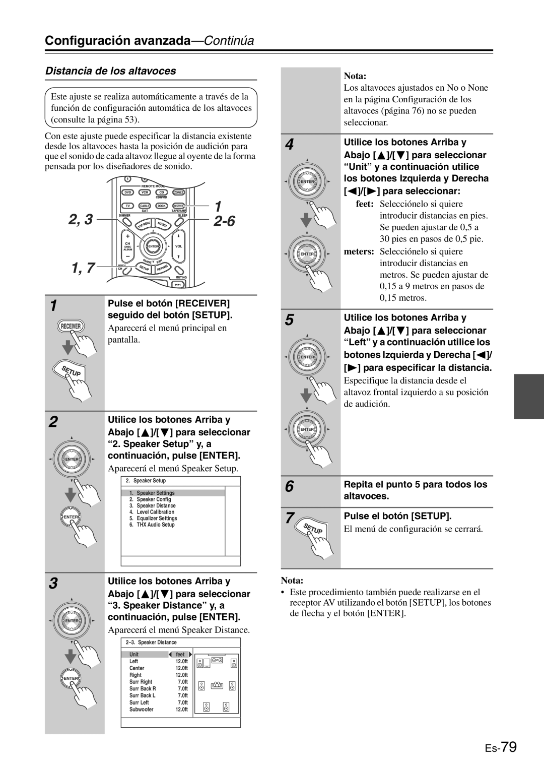 Onkyo TX-SR705 manual Distancia de los altavoces, Botones Izquierda y Derecha, Para especificar la distancia 