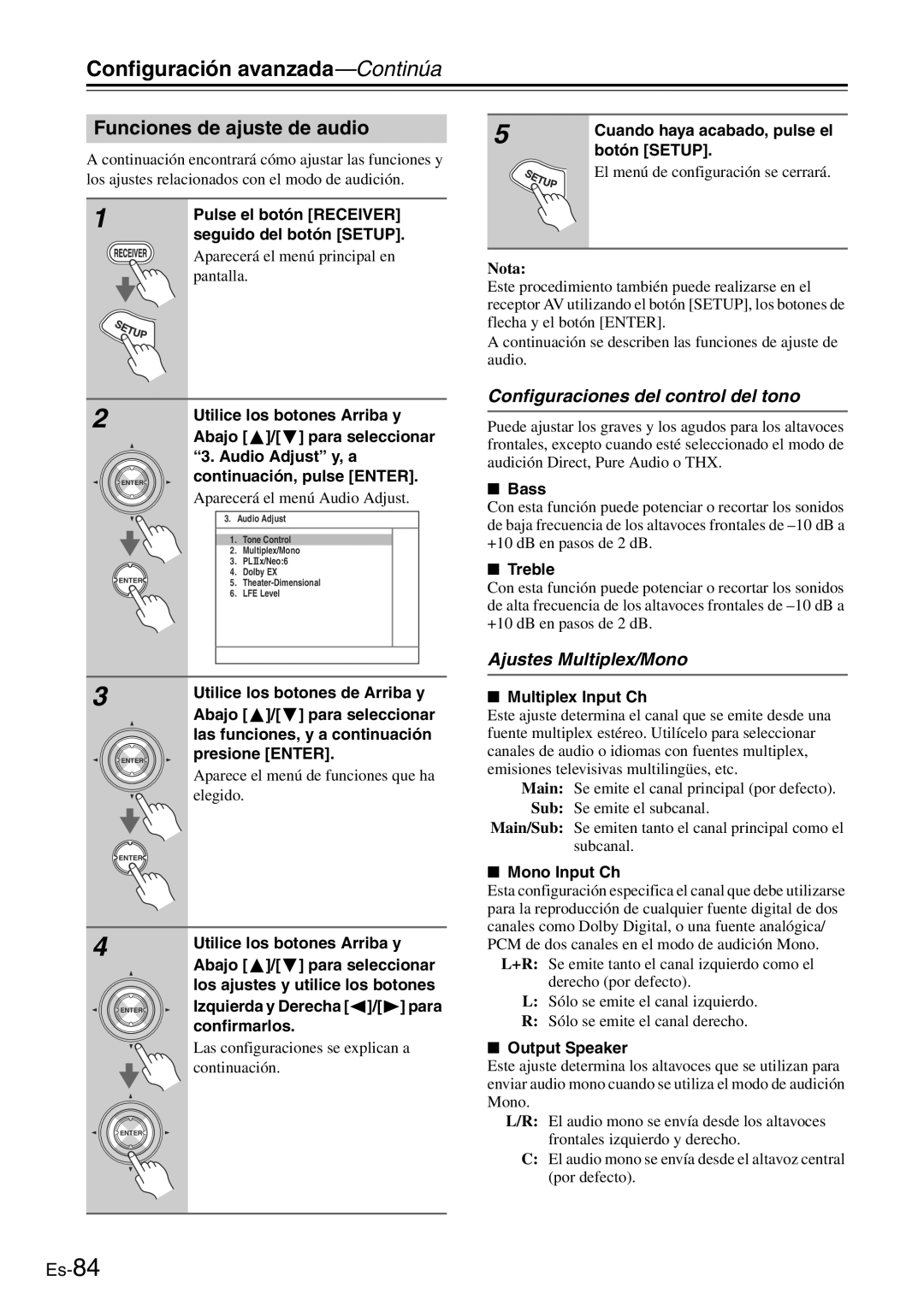 Onkyo TX-SR705 Funciones de ajuste de audio, Configuraciones del control del tono, Ajustes Multiplex/Mono, Confirmarlos 