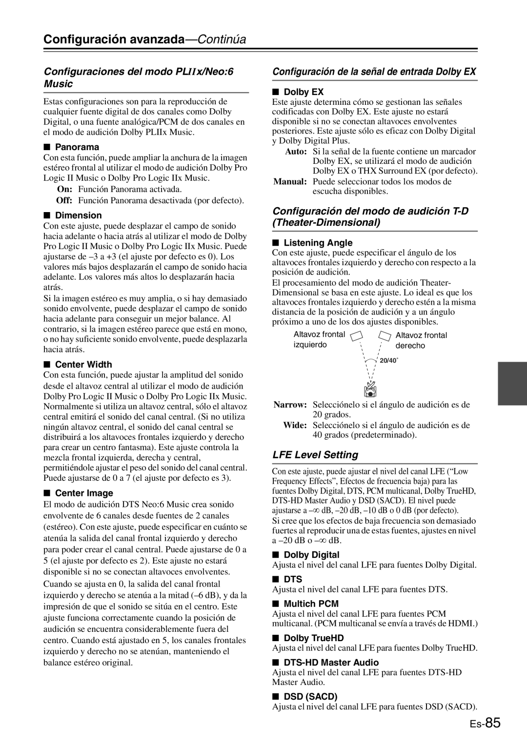 Onkyo TX-SR705 manual Configuraciones del modo PLIIx/Neo6 Music, Configuración de la señal de entrada Dolby EX 