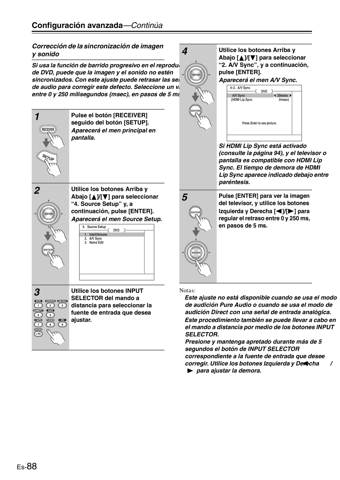 Onkyo TX-SR705 manual Corrección de la sincronización de imagen y sonido, Lzquierda y Derecha / para, En pasos de 5 ms 