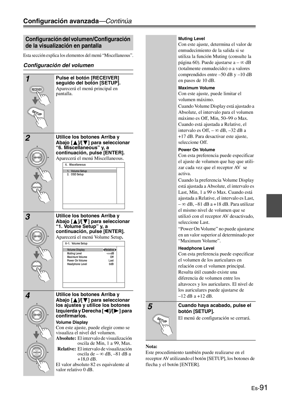 Onkyo TX-SR705 manual Configuración del volumen, Esta sección explica los elementos del menú Miscellaneous 