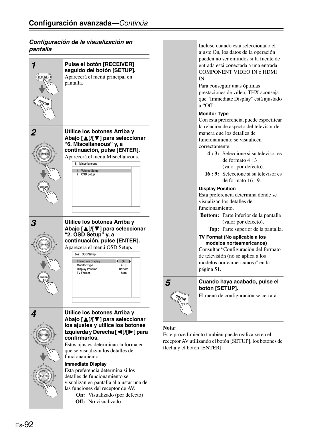 Onkyo TX-SR705 manual Configuración de la visualización en pantalla 