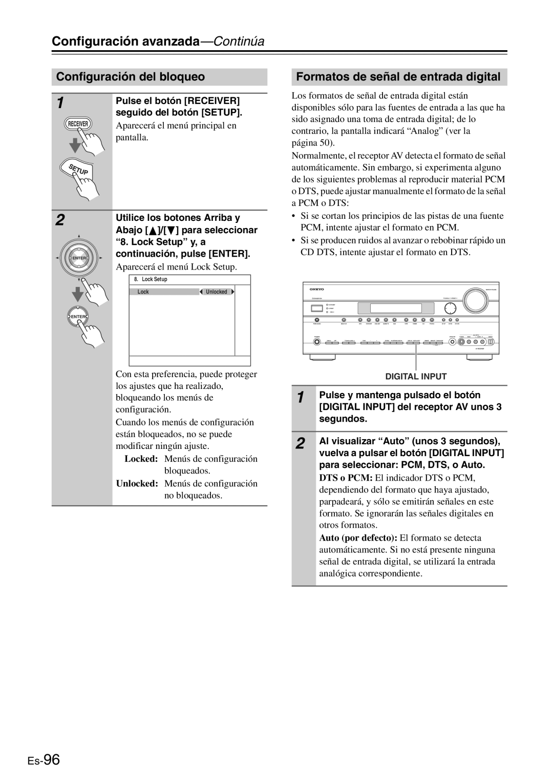 Onkyo TX-SR705 manual Configuración del bloqueo, Formatos de señal de entrada digital 