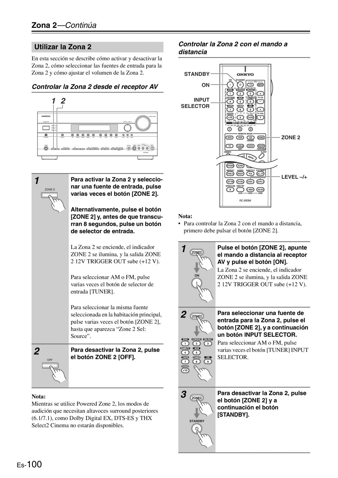 Onkyo TX-SR705 Utilizar la Zona, Controlar la Zona 2 desde el receptor AV, Controlar la Zona 2 con el mando a distancia 