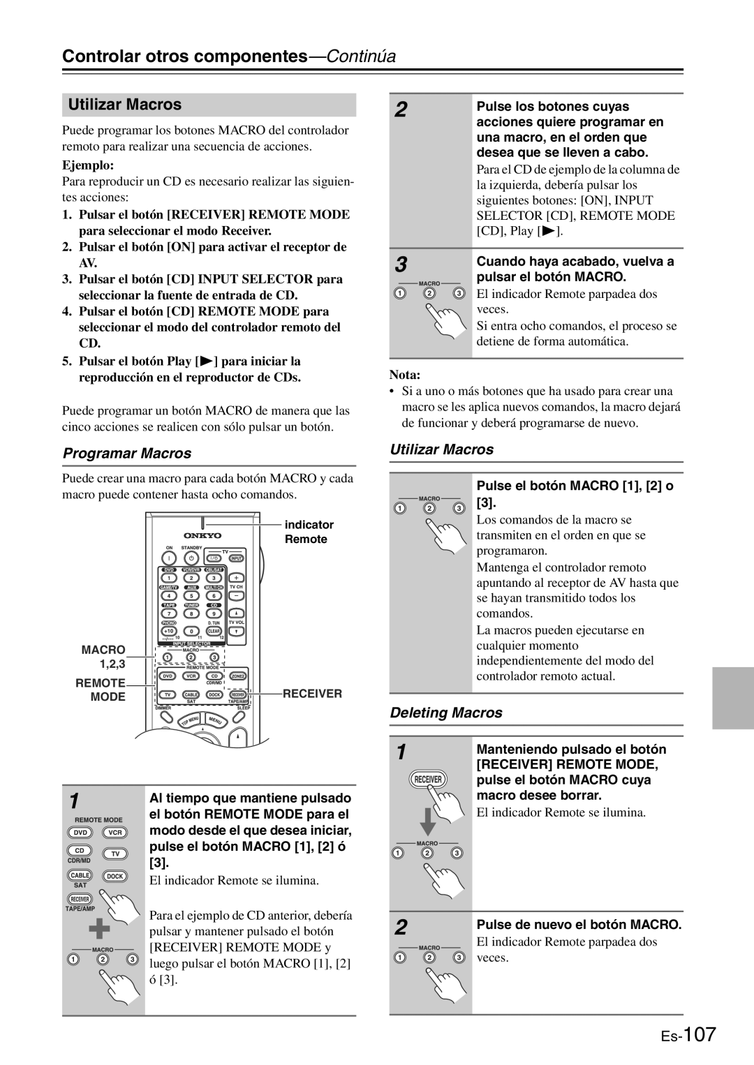 Onkyo TX-SR705 manual Utilizar Macros, Programar Macros, Deleting Macros 