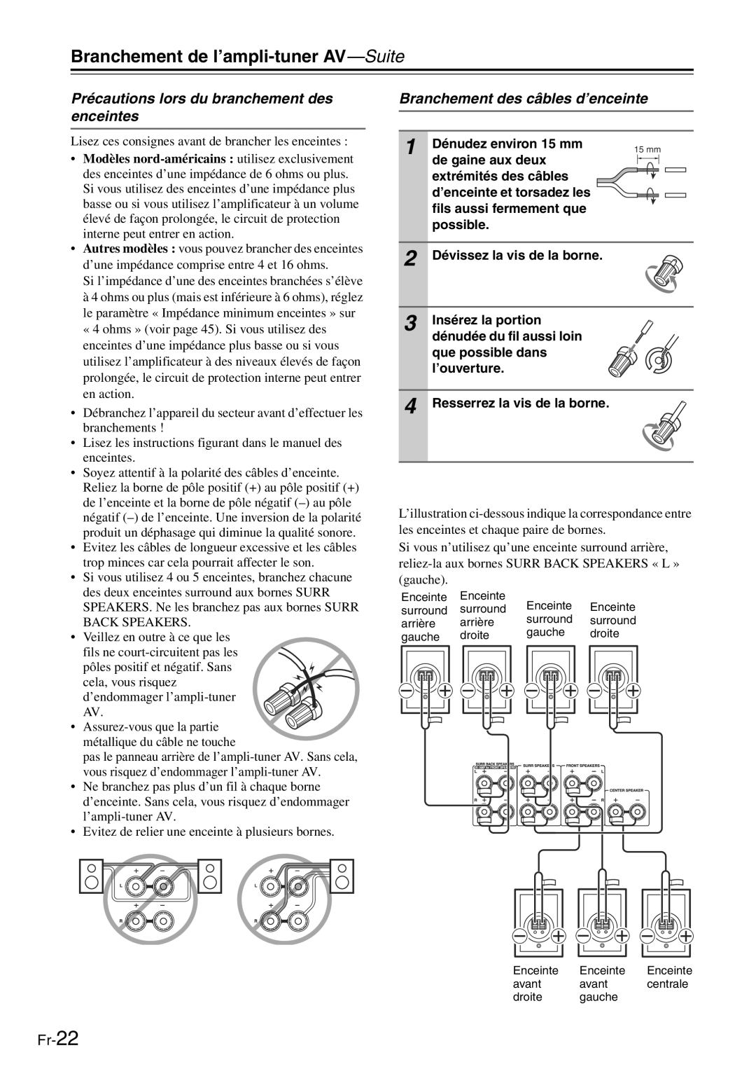 Onkyo TX-SR705 Précautions lors du branchement des enceintes, Branchement des câbles d’enceinte, Dénudez environ 15 mm 