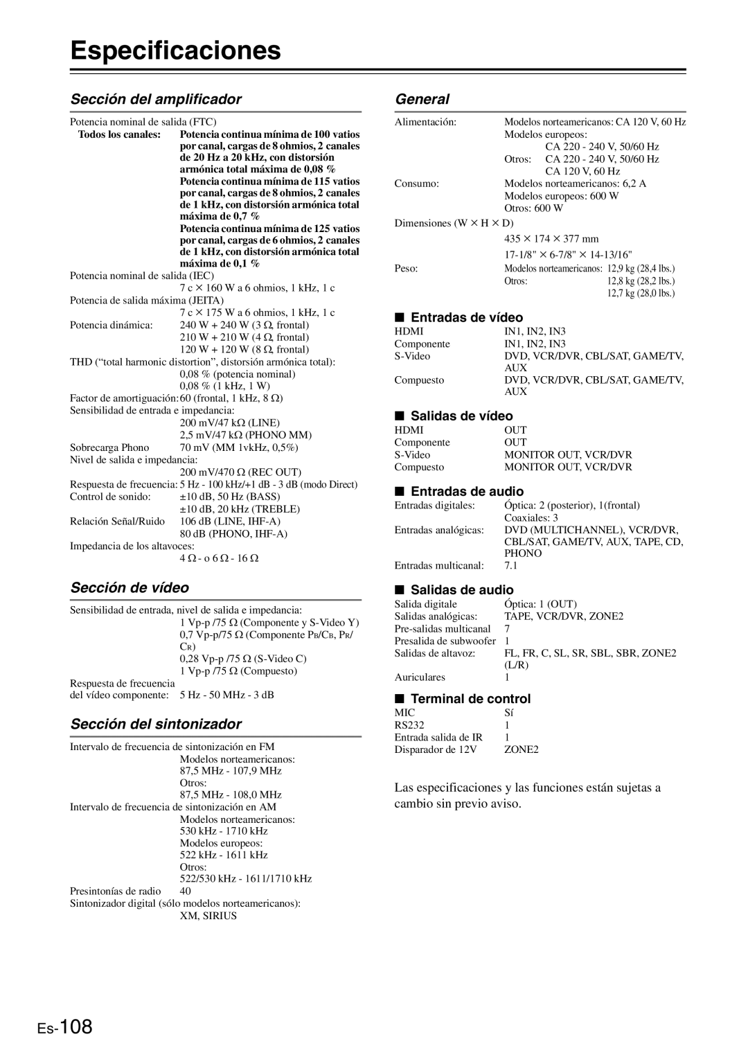 Onkyo TX-SR705 manual Especificaciones, Sección del amplificador, Sección de vídeo, Sección del sintonizador, General 