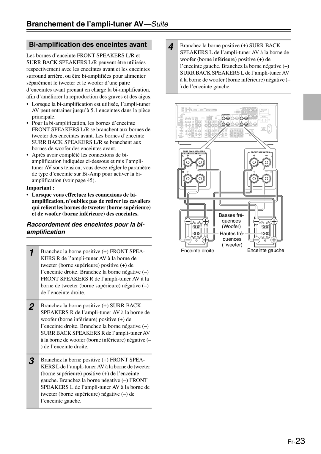 Onkyo TX-SR705 manual Bi-amplification des enceintes avant, Raccordement des enceintes pour la bi- amplification 