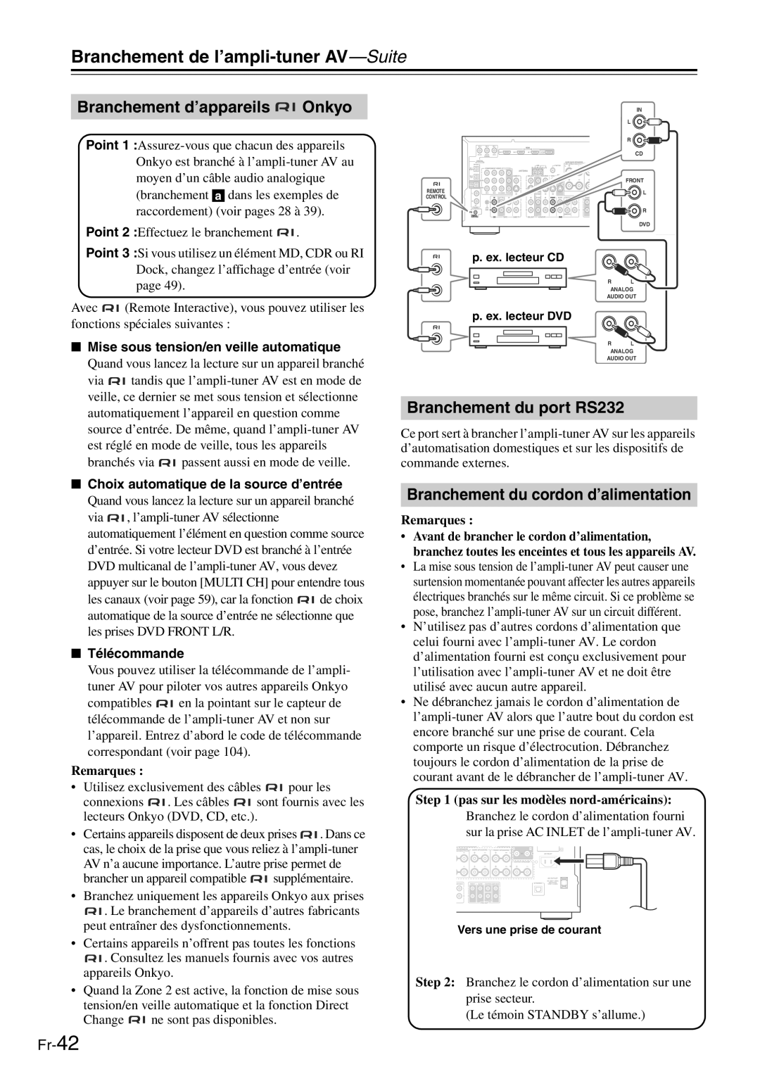 Onkyo TX-SR705 manual Branchement d’appareils Onkyo, Branchement du port RS232, Mise sous tension/en veille automatique 