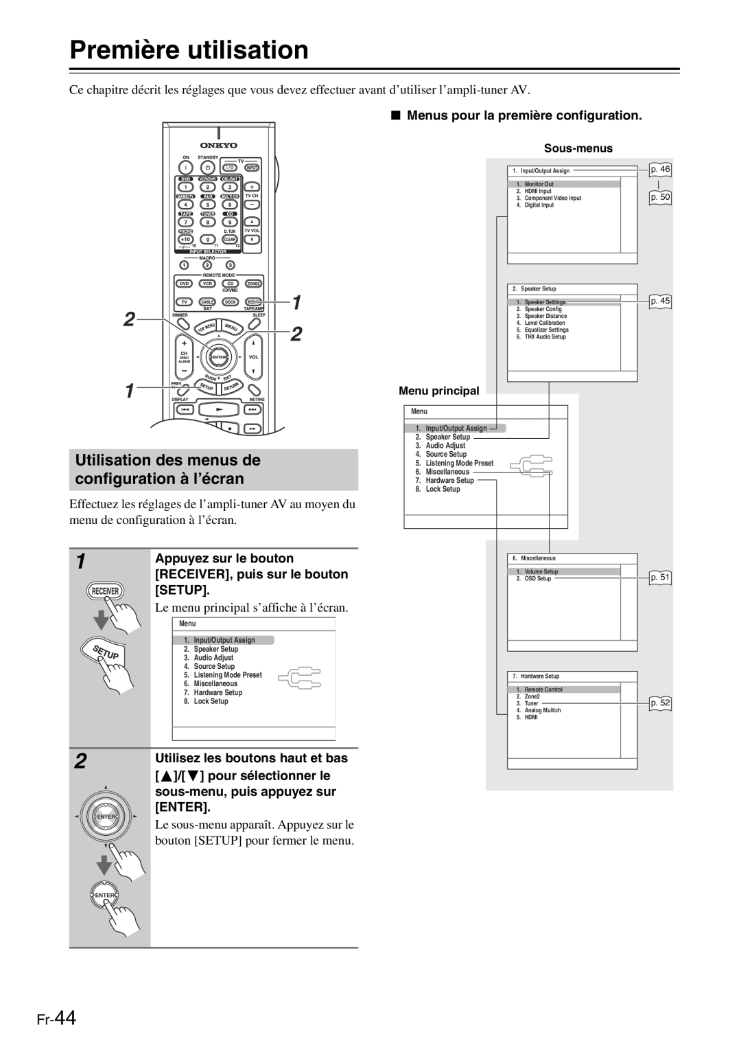 Onkyo TX-SR705 manual Première utilisation, Menus pour la première configuration 