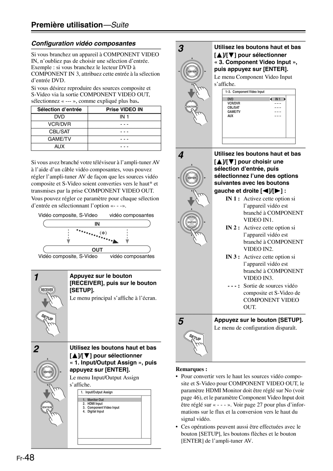 Onkyo TX-SR705 Configuration vidéo composantes, Le menu Component Video Input s’affiche, Sélection d’entrée Prise Video 